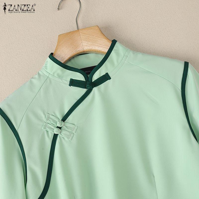 ZANZEA Damen Freizeit Stehkragen 3/4 Ärmel Blumenstickerei Bluse