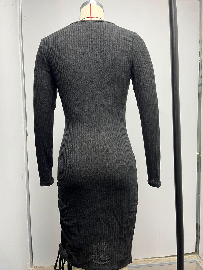 V-neck Knitted Sweater Dress - Long Sleeve, Slim Fit, Ruched Drawstring, Ribbed Design for Autumn/Winter