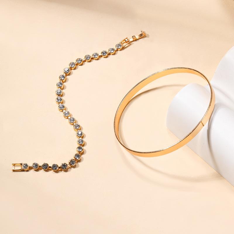 2Pcs/Set Women Bracelet Set Rhinestone Decor Luster Electroplated Alloy Daily Dating Party Bangle Lady Wrist Jewelry