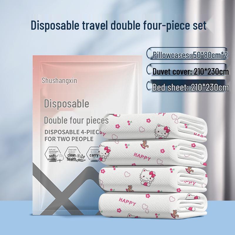 Kitty Disposable Double Bed Travel Bedding Set: 4-Piece Anti-Dirty Sheet, Quilt Cover & Sleeping Bag