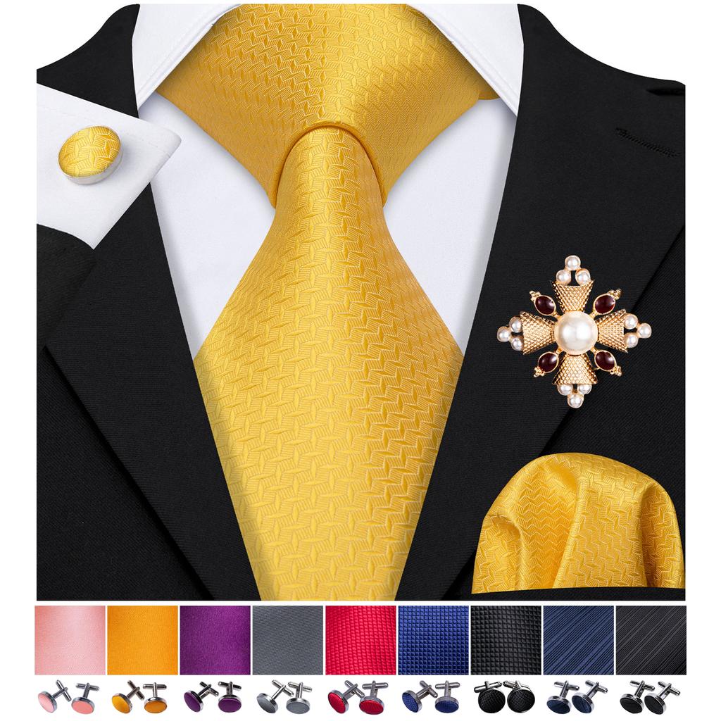 Pearl Brooch with Silk Tie for Men Vintage Floral Teal Necktie Hanky Cufflinks Gift Formal Set