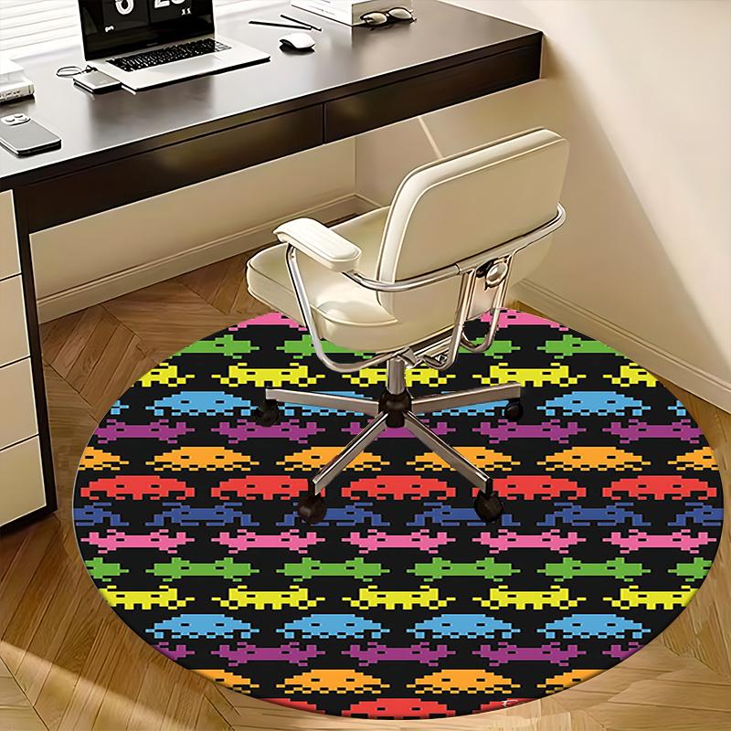 Space Invaders Pattern,Retro Video Game Design Chair mat Round Rug Office carpet, Machine Washable, Non slip, Suitable for Living Rooms, Bedrooms