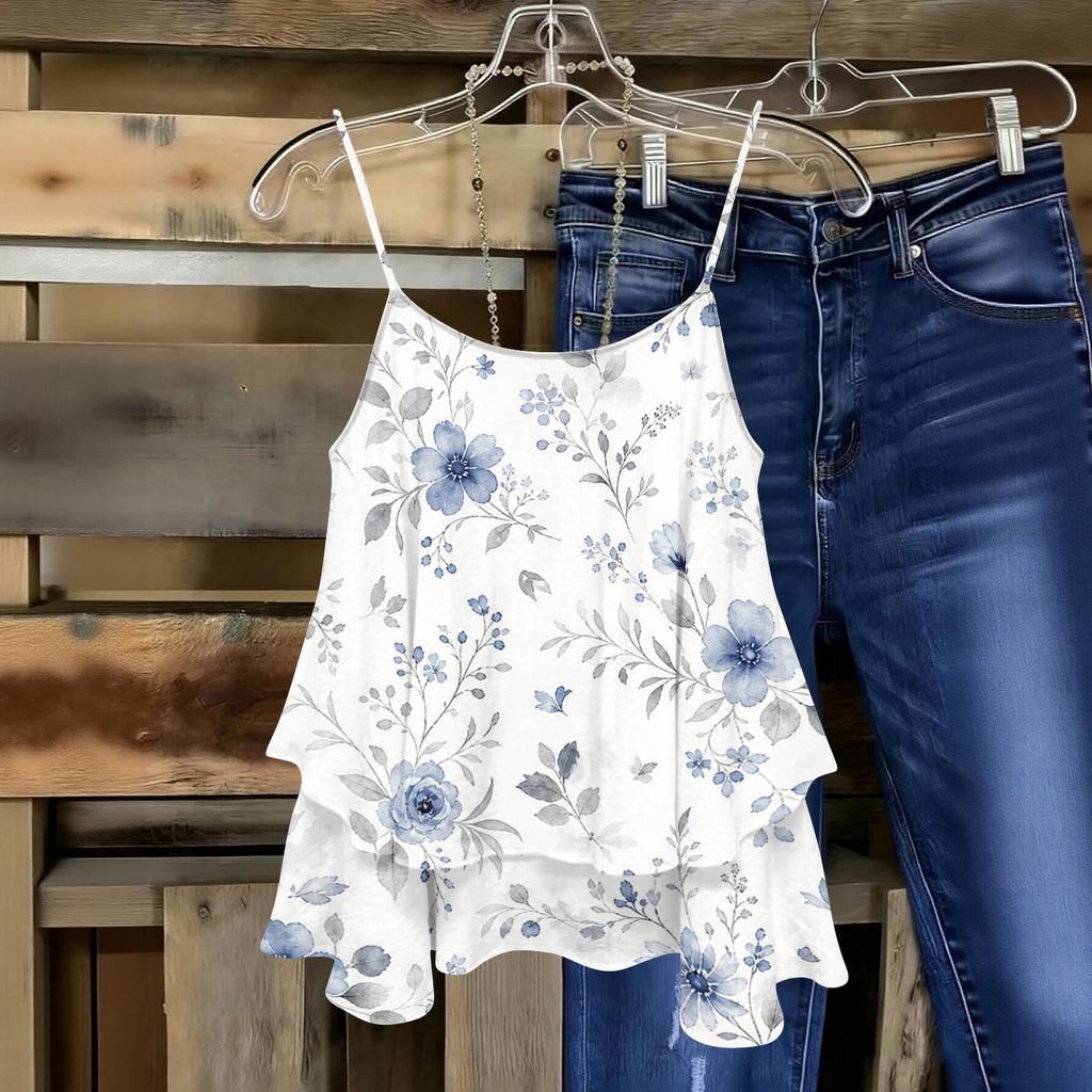 Women Strapless Floral Print Sleeveless Double Layer Camisole Top Lightweight Summer Casual Tank Blouse
