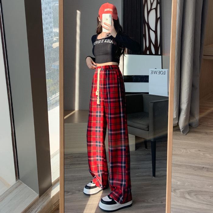 

Women s High Waist Plaid Drawstring Pants - Spring/Autumn Korean Style, Slimming Loose Fit, Long Straight Leg Small
