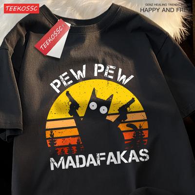 Pew Pew Madafakas Gato Com Duas Armas Camisetas Homem Rua Verão Manga Curta Harajuku Algodão Camiseta Oversized Respirável Tops