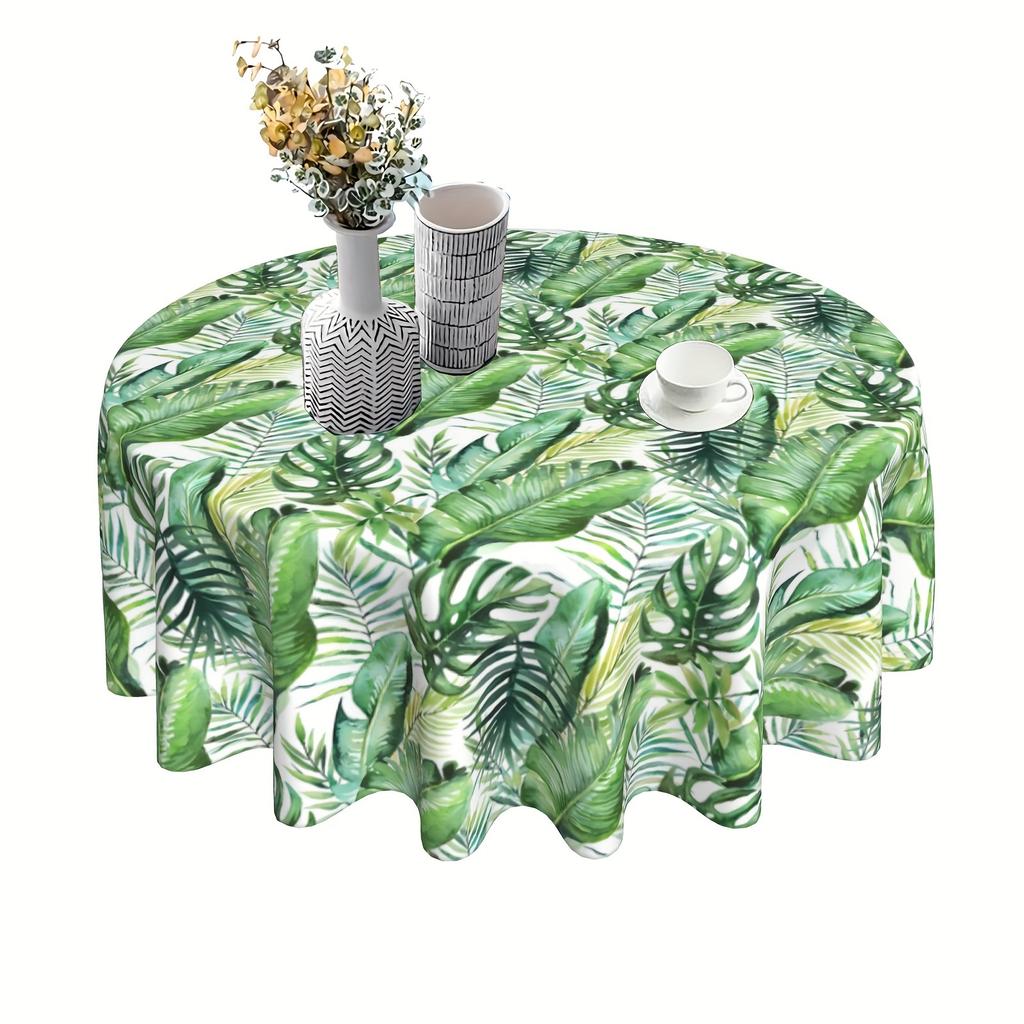 Round Polyester Tablecloth, printed with bright green pineapple & tropical leaves. Durable, reusable and easy to clean. Great decor for kitchen, dinin