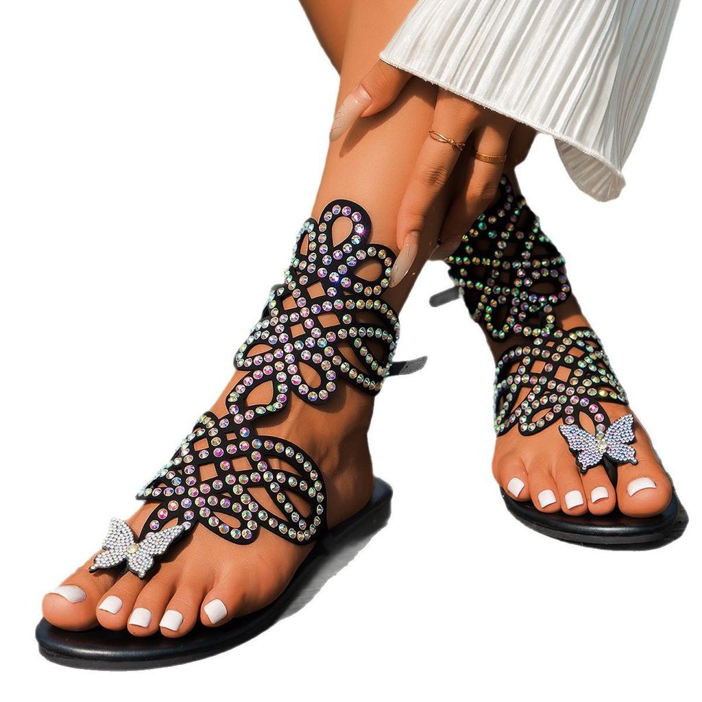 Fashion 2025 NEW Rhinestone Clip Toe Sandals Women Summer Plus Size Slip On Flat Sandles Woman Soft Sole Non Slip Beach