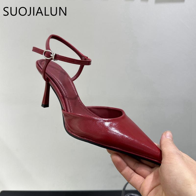 Fashion SUOJIALUN 2025 Spring New Brand Women Sandal Fashion Red Pointed Toe Ladies Elegnat Slingback Shoes Thin High Heel Dress Pumps