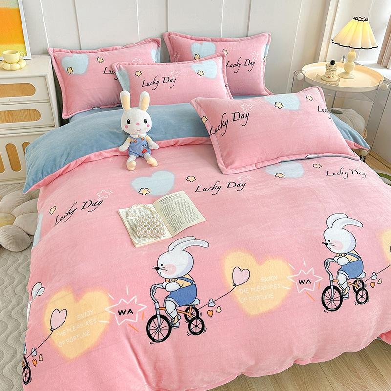 Thickened Milk Fleece Printing Four-Piece Set, Fleece Warm Coral Fleece Skin-Friendly Student Dormitory