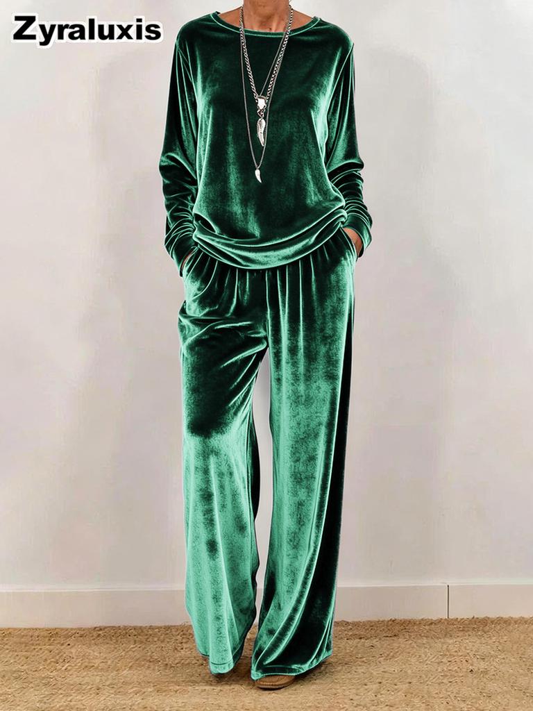 Nuovo Set Casual da Donna Girocollo Manica Lunga Taglie Forti Velluto Multicolore