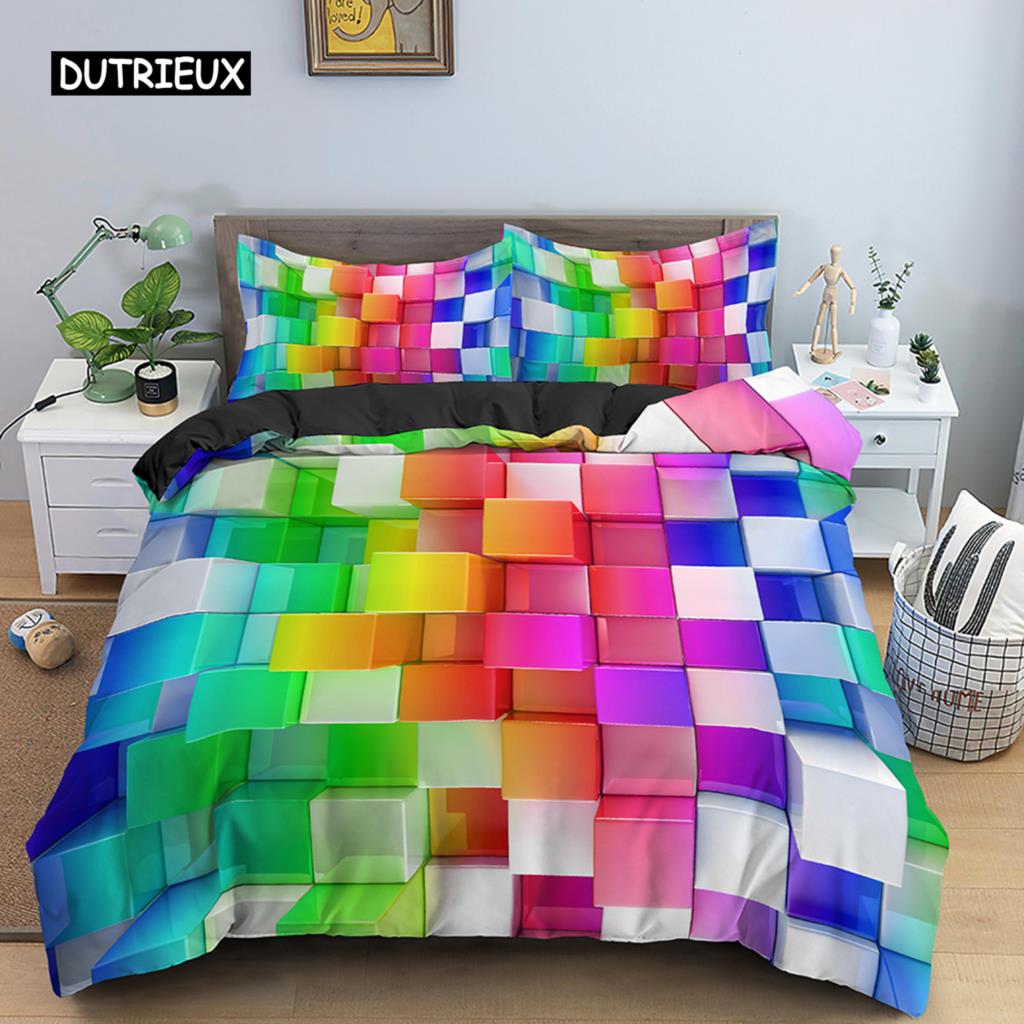Geometric Printed Bedding Set Microfiber Colorful Lines Duvet Cover with Zipper Closure Queen King Size Quilt Cover Home Textile