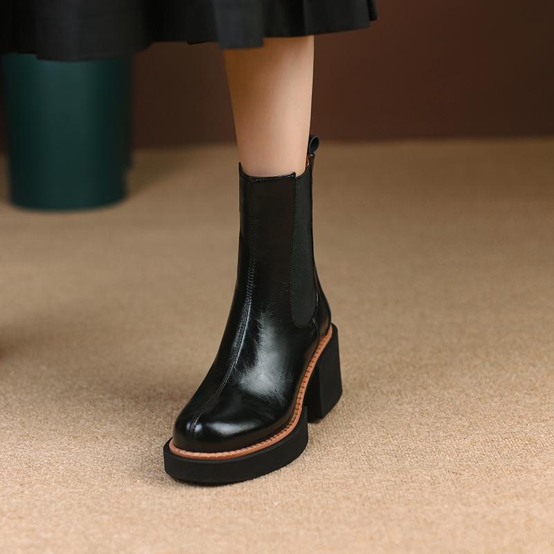 Qirui shoes Thick-soled Chelsea boots, leather inside and outside, simple and elegant