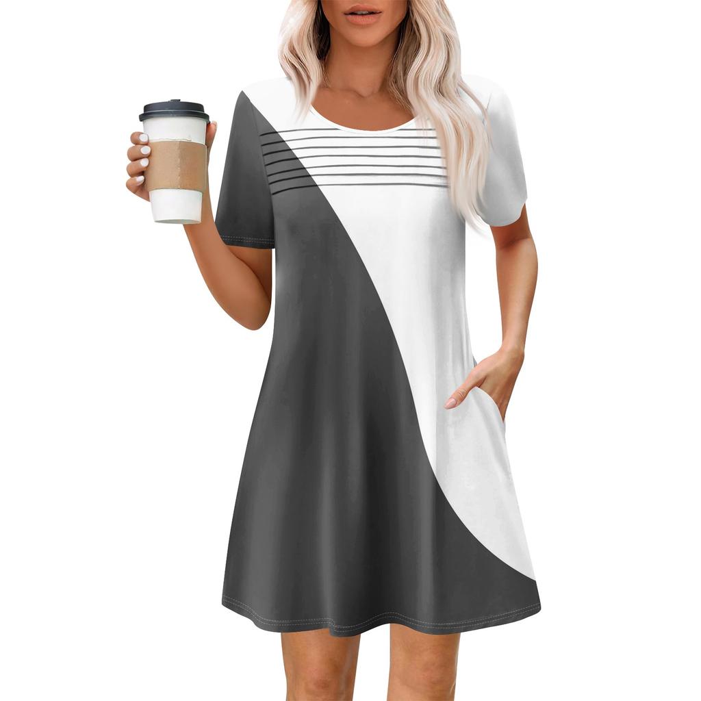 Women's Summer Casual Round Neck Pleated With Pockets Printed Short Sleeve Dresses