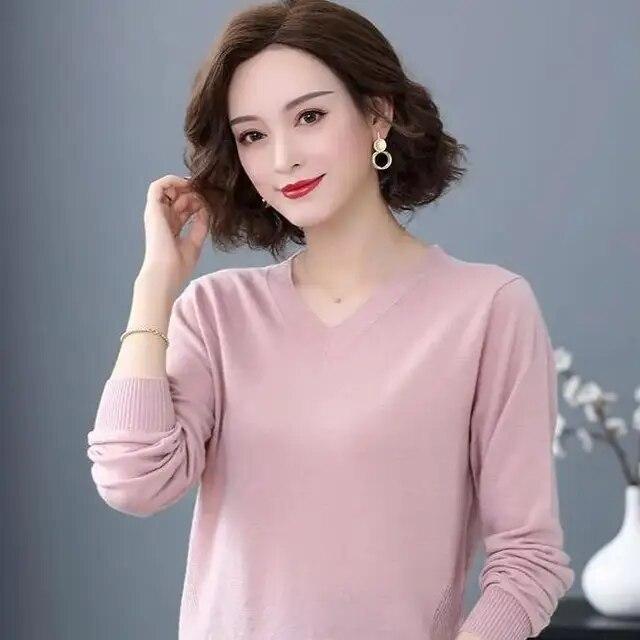 V-neck Knitted Top Women's Autumn Winter Fashion New Long Sleeve Knittwear Loose Solid Color Bottoming Sweater S-4XL