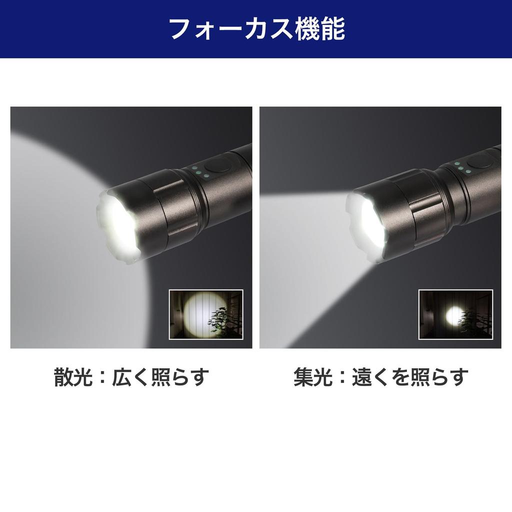 ELPA DOP-EP560 LED Flashlight, Waterproof, 650 Lumens, with Hand Strap, Battery Operated, Battery Level Indicator, Silver