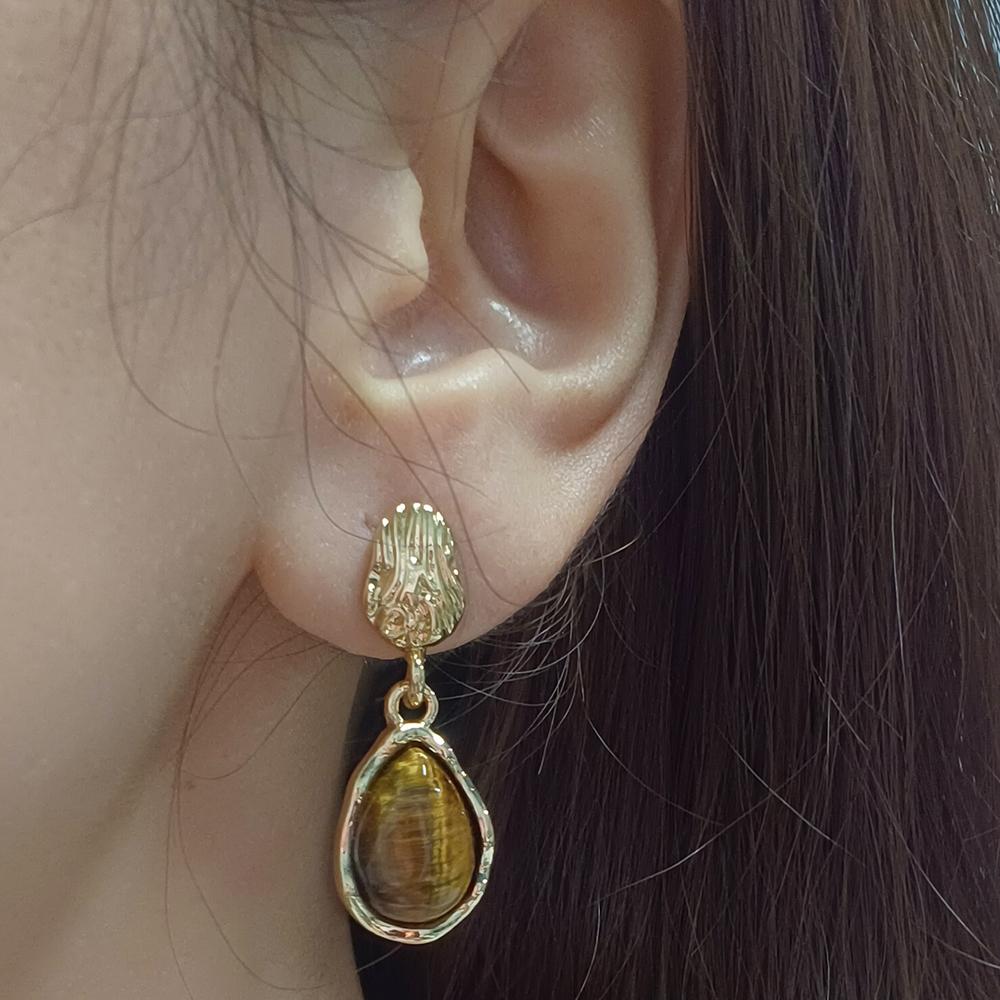 Vintage Maillard Natural Tiger Eye Stone Mosquito Coil Ear Clips Fashion Luxury Geometric Design Brown Teardrop Stud Jewelry