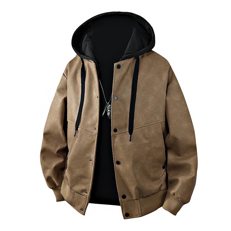 Men s Hooded Faux Two-Piece Quilted PU Leather Jacket - Autumn/Winter Casual Loose Street Style Coat X-Large