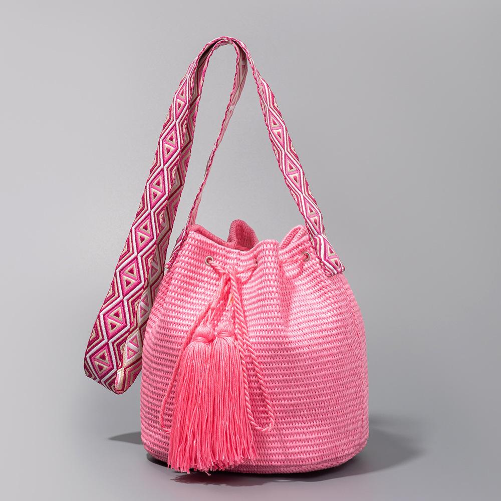 

Summer Beach Solid-color bucket bag vacati style straw woven handbags drawstring crossbody bag tassel shoulder bag for women 22x17x22cm