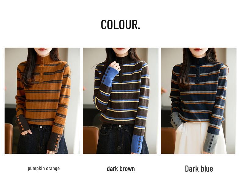 Color Block Striped Half-High Neck Sweater - Women's Fashion Slimming Knit Base Layer for Autumn/Winter.