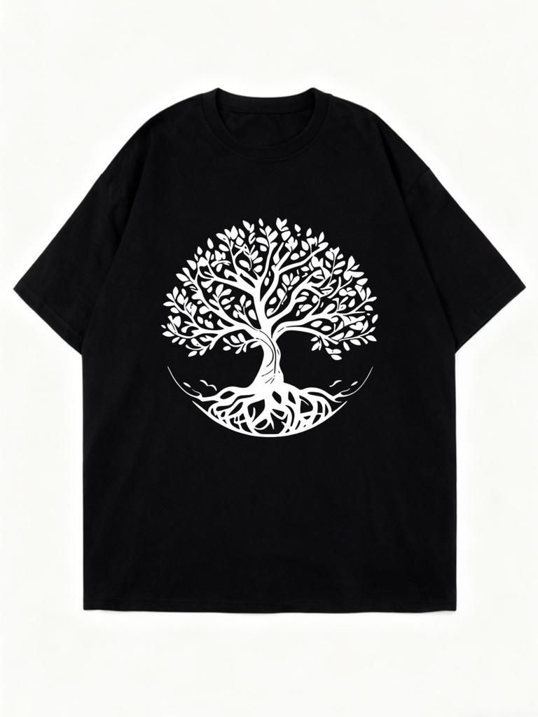 Black Oversized T Shirt Tree Of Life Print Casual Wear For Women Summer Fashion Streetwear Boho Style Graphic Tee Top