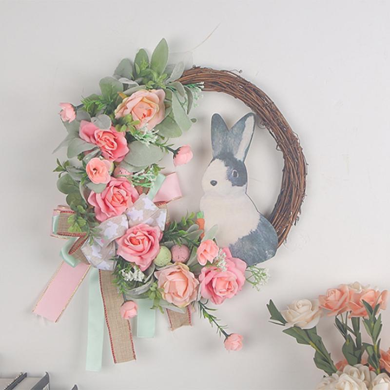 Velikonoční zajíček věnec na vchodové dveře nebo stěnu Umělý králičí věnec Jarní věnec Velikonoční dekorace Venkovní vnitřní závěsný věnec