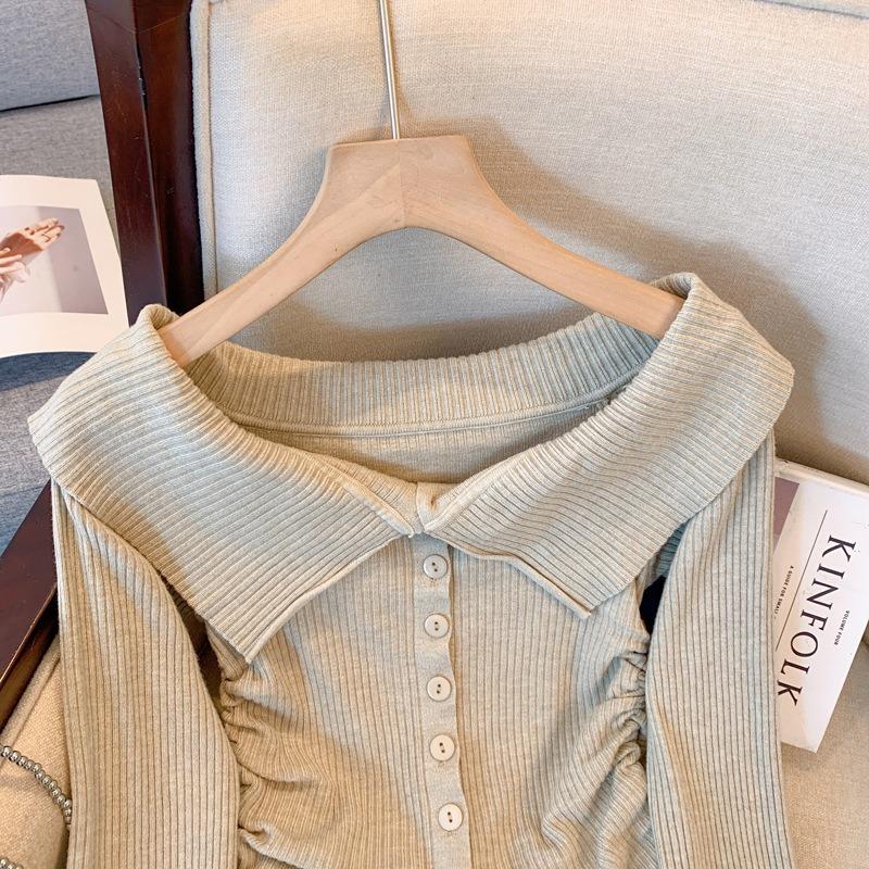 Autumn design one-word collar off-shoulder long-sleeved breasted chic slim-fit first love solid-color knitted sweater