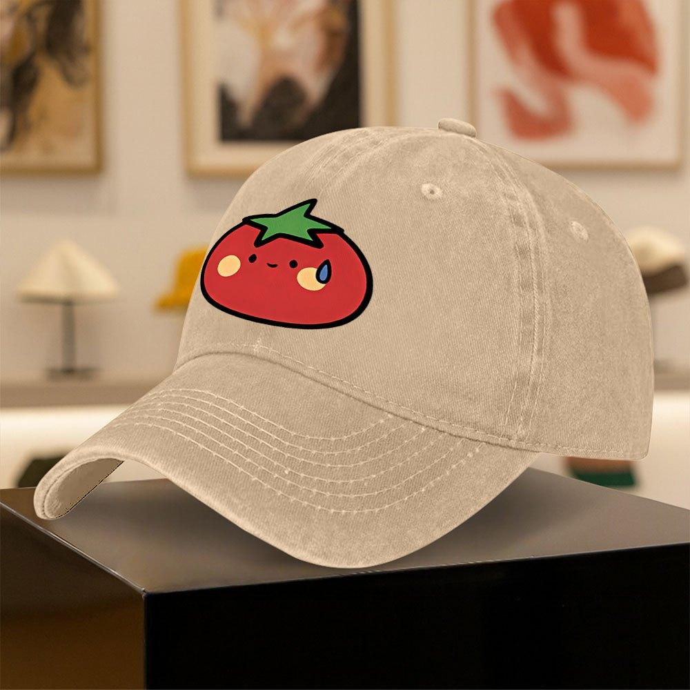 Vintage Washed Baseball Cap with Cute Tomato Sweat Drop Print  Unisex Outdoor Sports Daily Wear