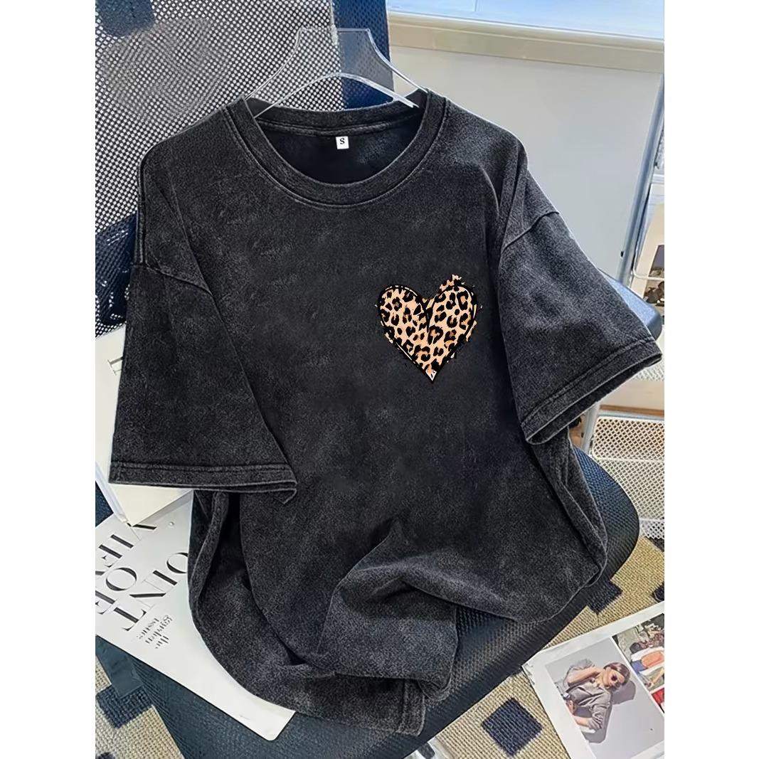 Leopard Print Heart Printed Tshirt Minimalist Womens Daily Casual Round Neck Tshirt Washed Tshirt Neutral Simple Womens Top S