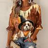 Women's Halloween Print Three-Quarter Sleeve Round Neck Blouse with Tie Front and Ruffle Hem