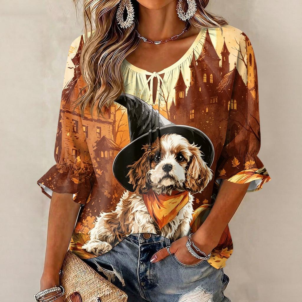 Women's Halloween Print Three-Quarter Sleeve Round Neck Blouse with Tie Front and Ruffle Hem