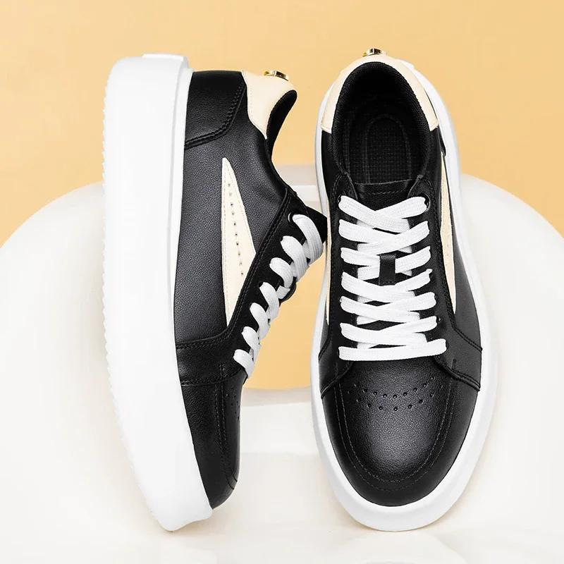 Fashion Casual Leather Vulcanized Shoes British Genuine Leather Thick Bottom Board Shoes Fashion Designer Flats New Trendy Walking Shoes