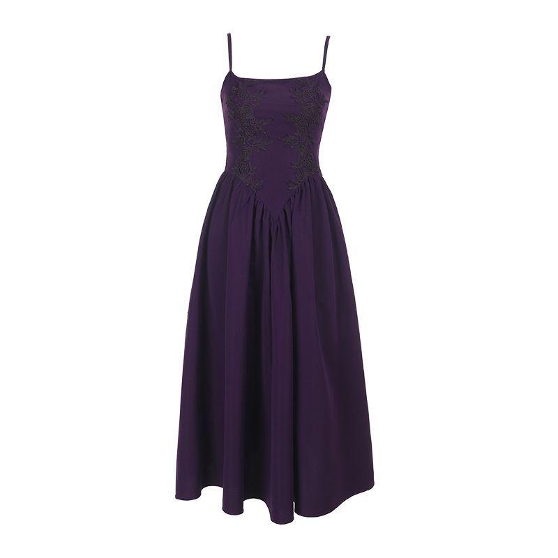 

Outfitgirl6 Elegant Purple Waist A- Hem Slim Looking Sling Dress Banquet Wedding Stretch Pleated Dress Purple S