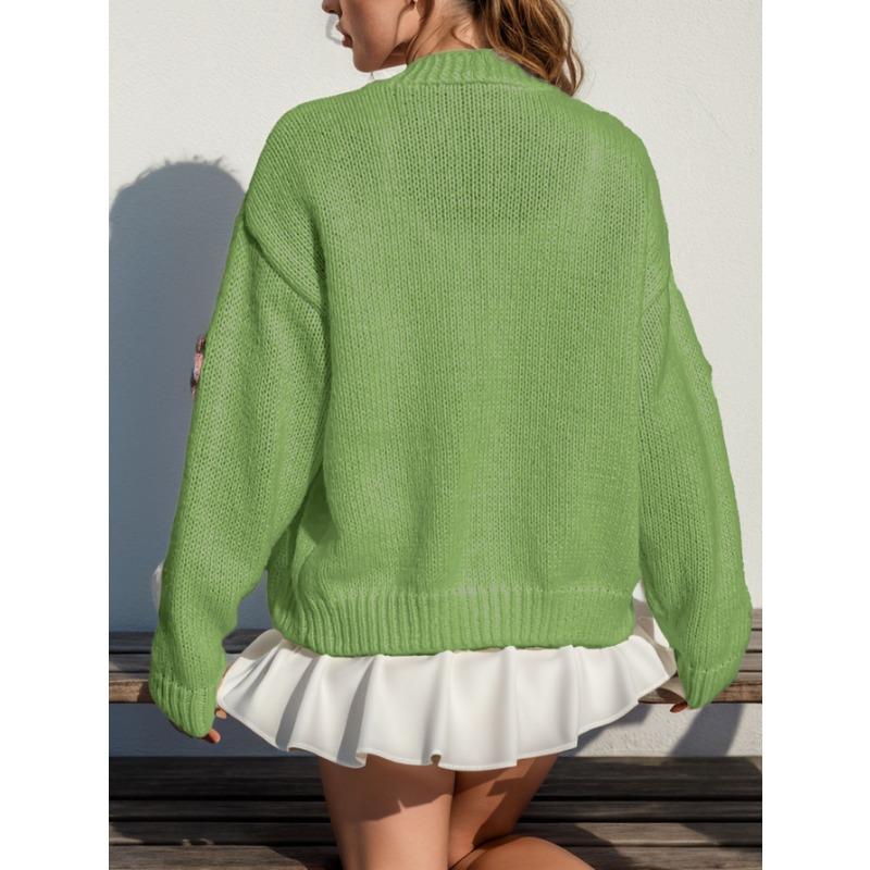 Dam Höst Vinter Söt Stickad Kofta Långärmad Knäppning Lös Varm Tröja Blomtryckt Öppen Framsida Kappa