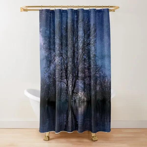 Mountain Shower Curtain Starry Night Shower Curtain Moon Shower Curtain,Lake Stars Nature Landscape Art Bathroom Curtains