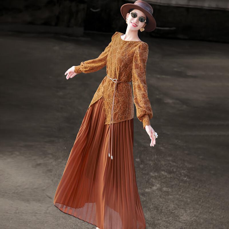Vintage Lace-Paneled Pleated Long-Sleeve Midi Dress