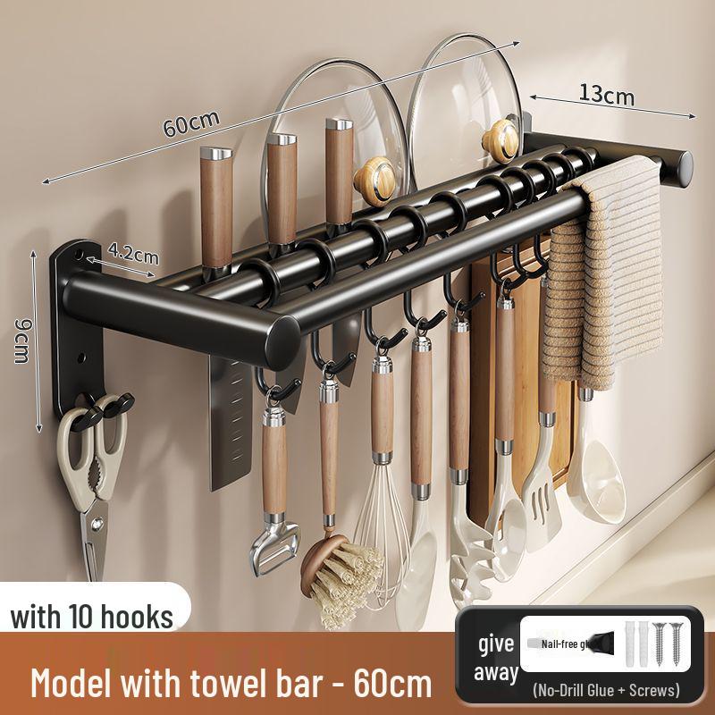 Stainless Steel Wall-Mounted Kitchen Hook & Pot Lid Rack with Knife Holder.
