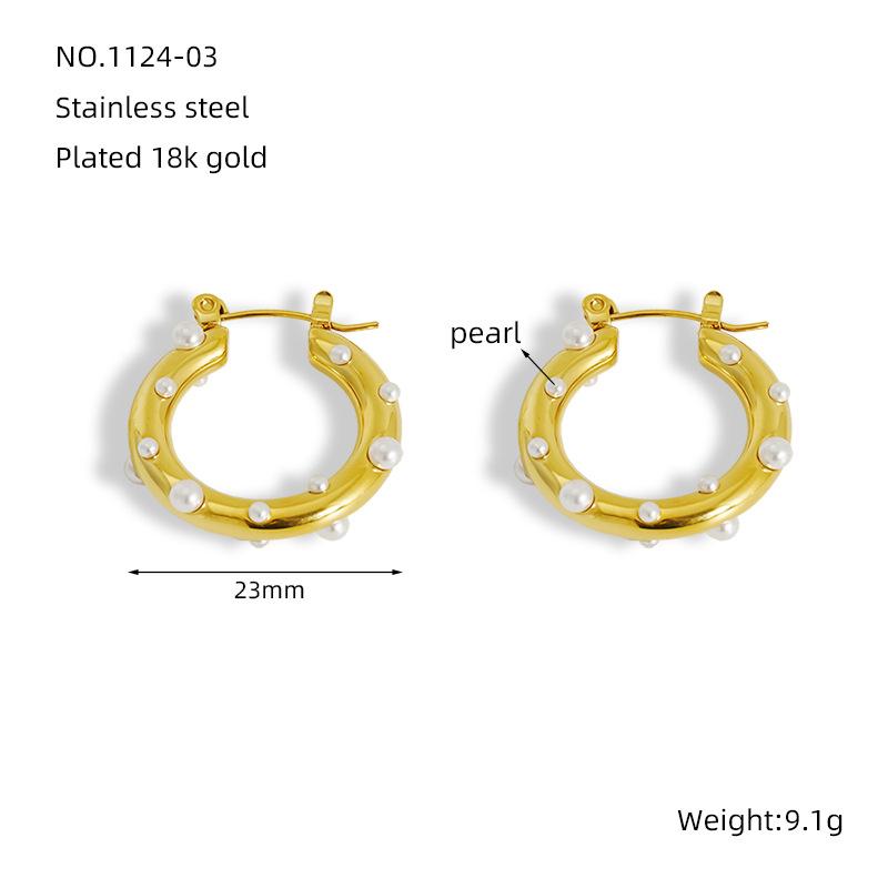 European American Style Stainless Steel Hoop Earrings Natural Stone Inlaid Pearl Zircon Women s Jewelry