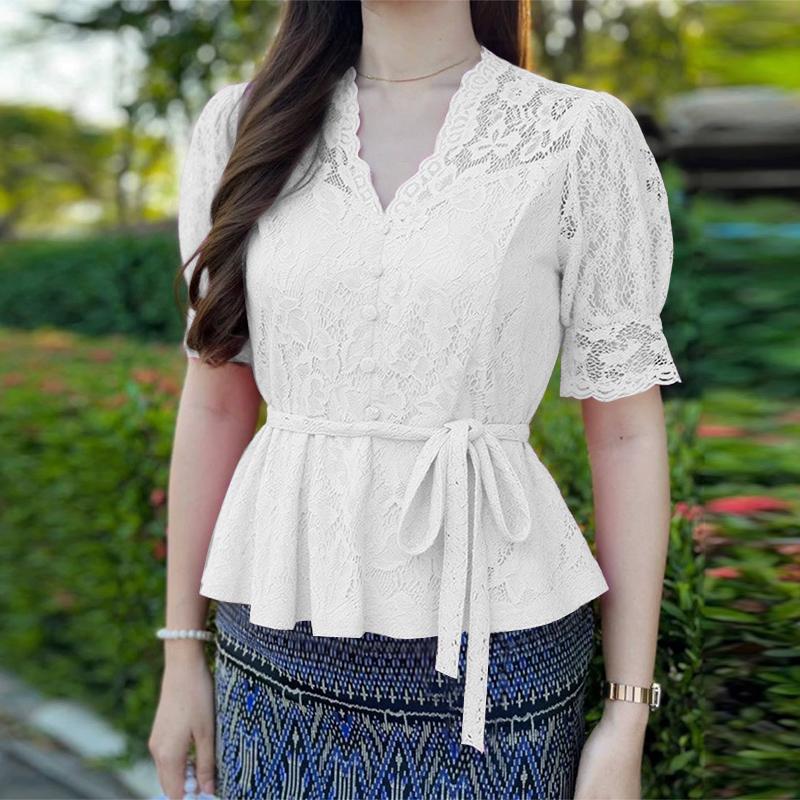 

ZANZEA Women Casual V-Neck Short Sleeve Summer Lace Blouse 4XL белый
