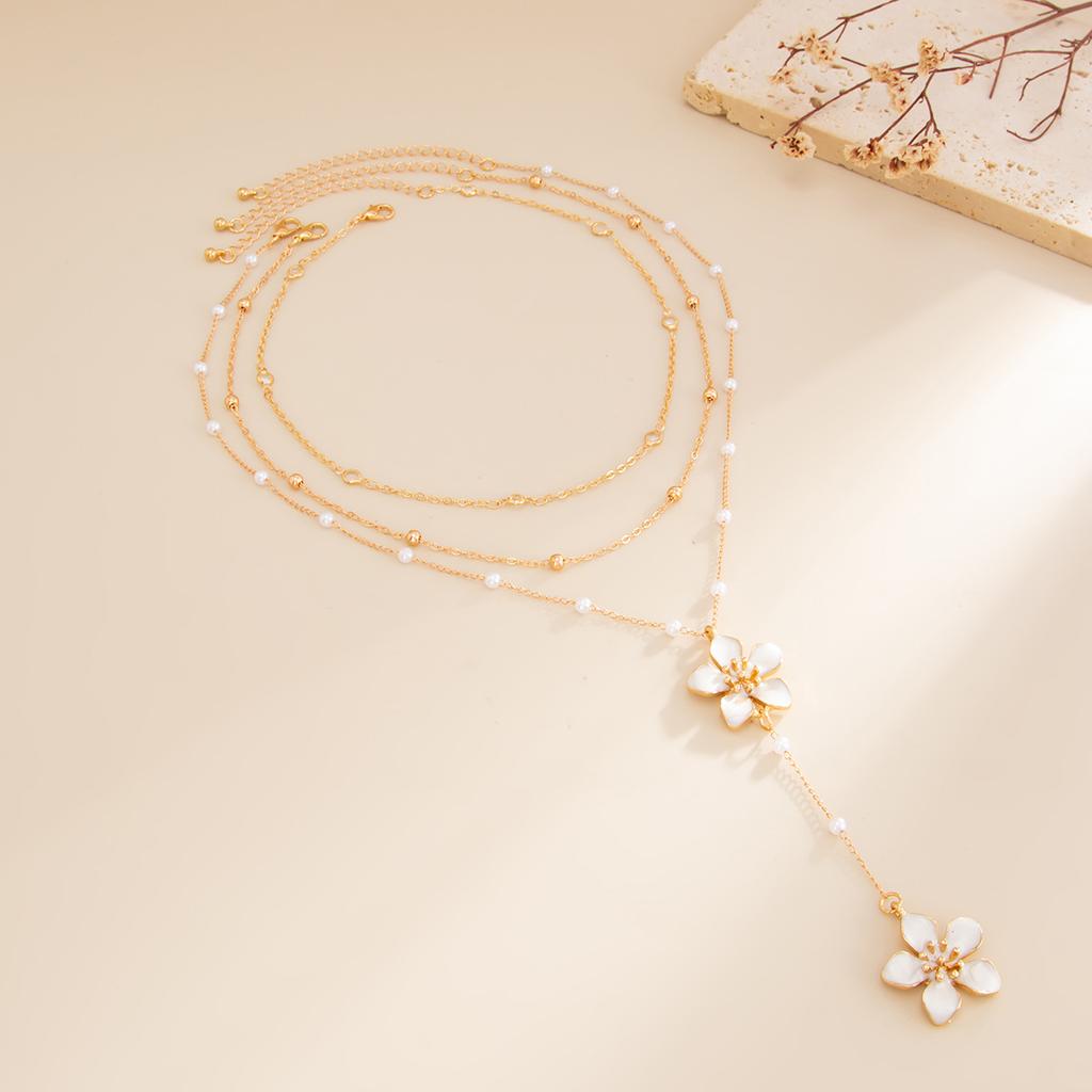 Vintage Drip Oil Flower Pendant Necklace for Women Boho Imitation Pearl Beads Choker Girls Party Jewelry Accessory