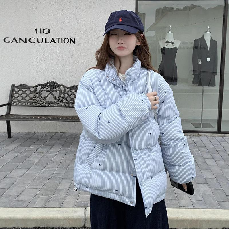 Down cotton-padded jacket women's striped bow printing winter new loose cotton-padded jacket tide