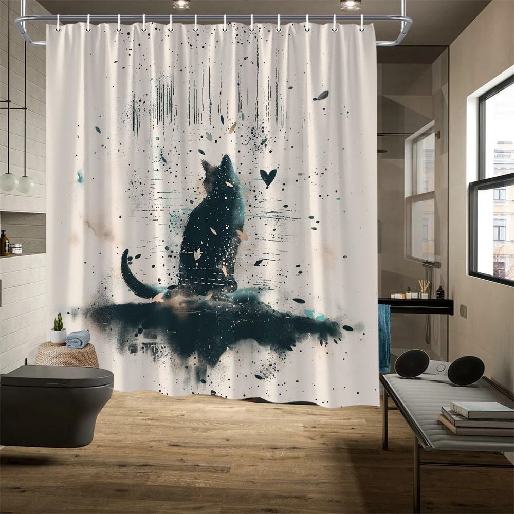 

German Shepherd Silhouette Shower Curtain - Abstract Watercolor in Black, White & Teal, Fade-Resistant Polyester 90X180cm