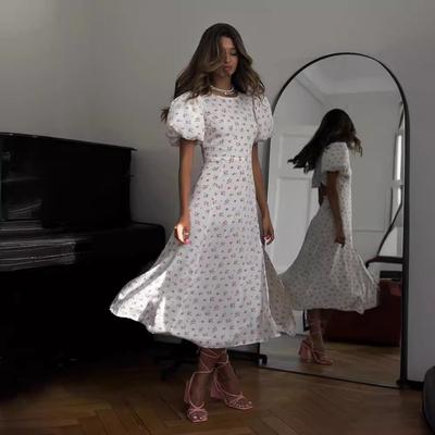 Damen Sommermode Blumendruck Kleid Französisch Rundhalsausschnitt Puffärmel Split Kleid