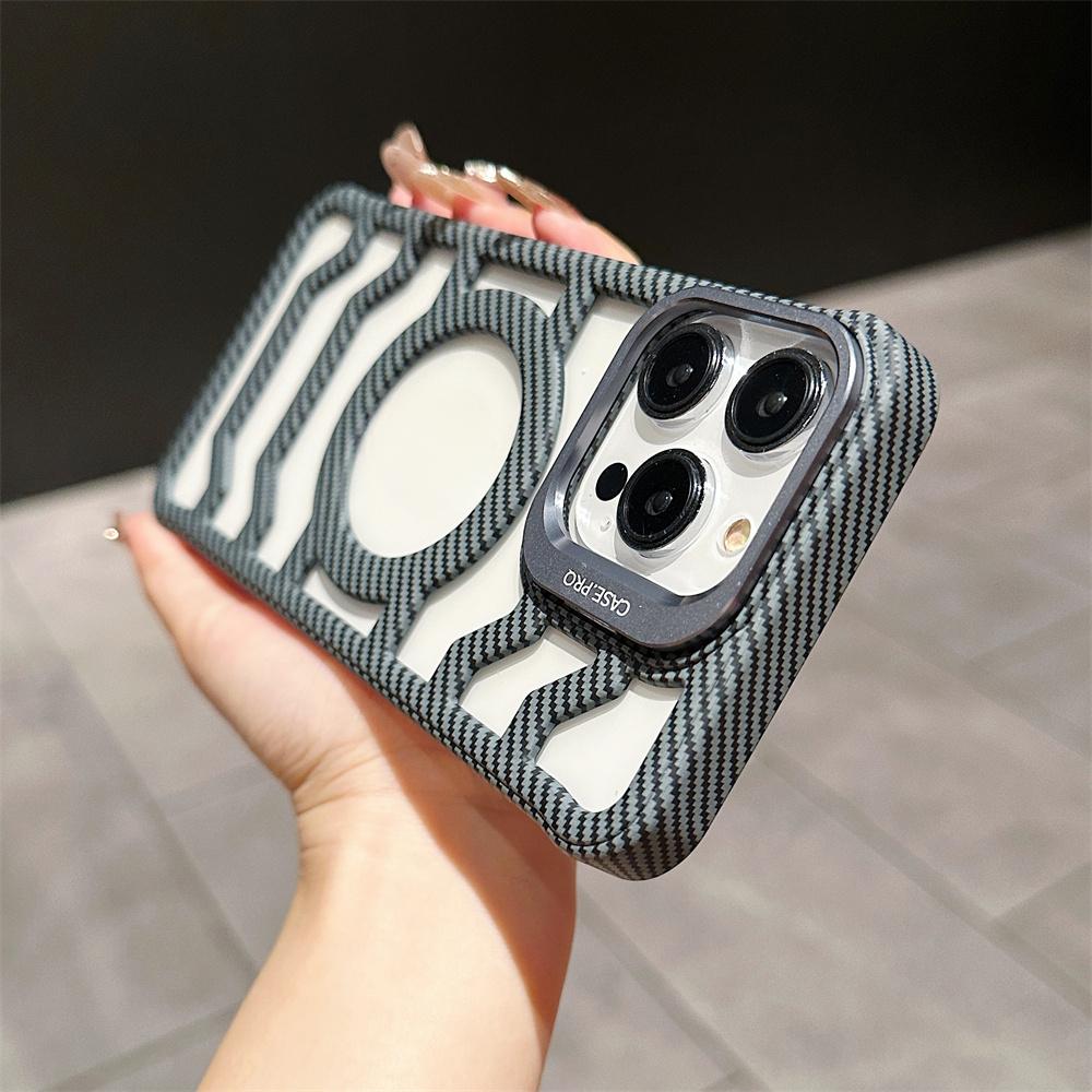 Luxury Carbon Fiber Pattern Heat Dissipation Phone Case for iPhone 16 15 14 13 12 Pro Max Camera Hidden Bracket Shockproof Cover