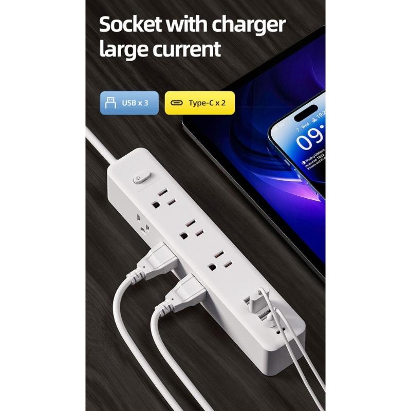 Flat Plugs Surge Protectors Power Strips 9Outlets 3USB/2 USB C Port Wall Mountable Design For Home Office Dorm Essential