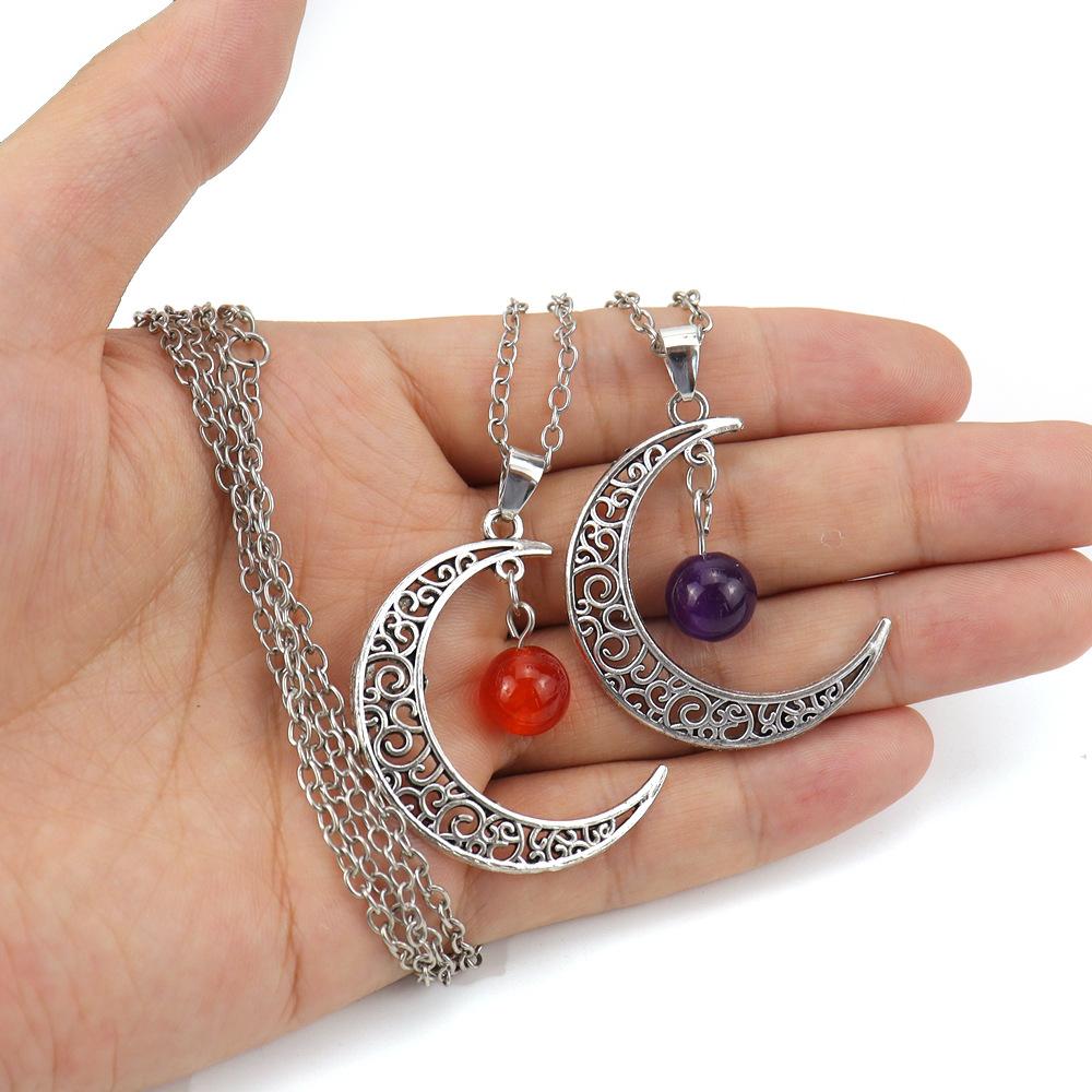 Hollow Moon Natural Crystal Bead Pendant Necklace Amethyst Pendant Couple N598