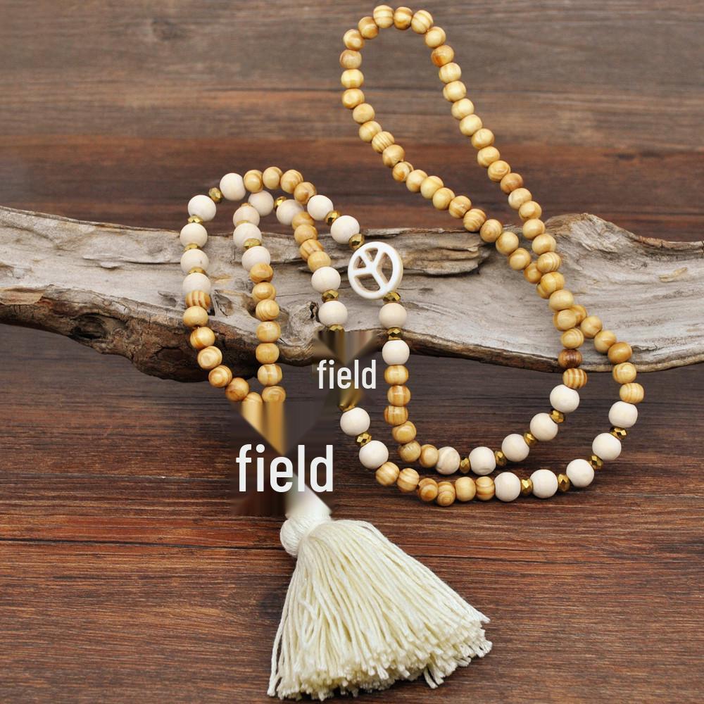 Handmade Bohemian Wooden Bead Necklace with Peace Symbol Pendant and Tassel