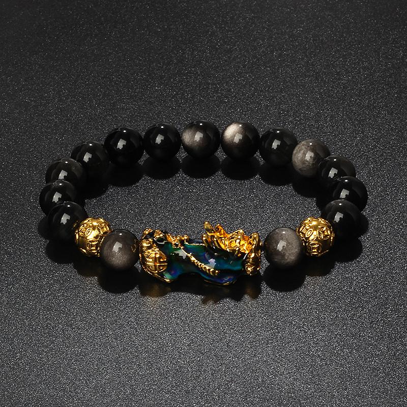 Feng Shui Black Obsidian Wealth Bracelets Men Color Changed Pi Xiu Bracelets Women 10mm Dragon Mantra Bead Bangle Lucky Jewelry