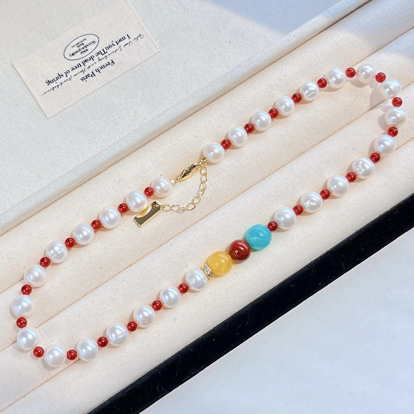 High Quality Natural Freshwater Pearl Beeswax Chalcedony Design Sense Necklace Collarbone Chain