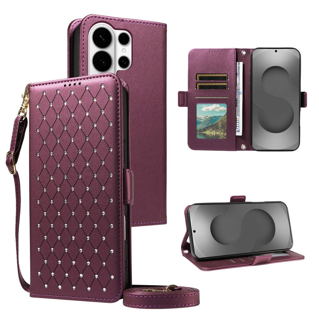 Crossbody Wallet Leather Magnetic RFID Phone Case For Samsung S26 Ultra S25 Plus S24 A36 A56 A17 A07 Diamond Long Lanyard Cover