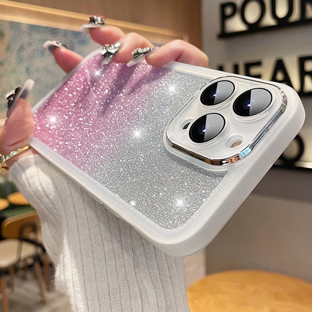 For iPhone 16 Pro Max Case Gradient Glitter Shockproof PC+TPU Phone Cover with Lens Film
